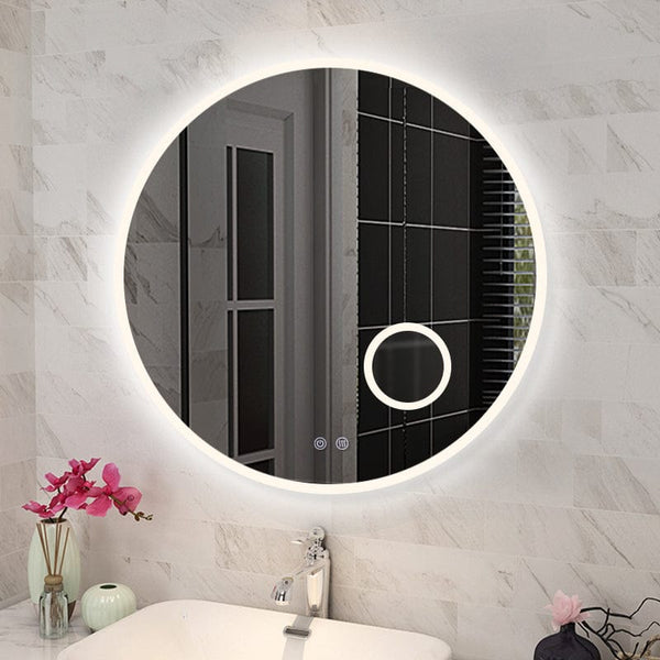 TSI Vanities T-900LRM 900MM ROUND 3 COLOR LIGHTING ACRYLIC LED MIRROR TOUCH SENSOR SWITCH DEFOGGER PAD WALL MOUNTED(COME WITH MAGNIFIER) - LIGHTING ON THE RIM