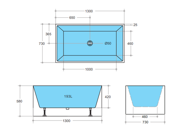 THBT1300-NF Multifit Bathtub NON Overflow 1300*730*580mm