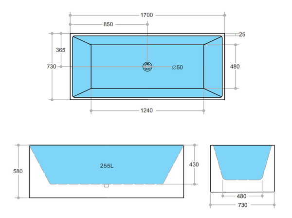 THBT1700-NF Multifit Bathtub NON Overflow 1700*730*580mm