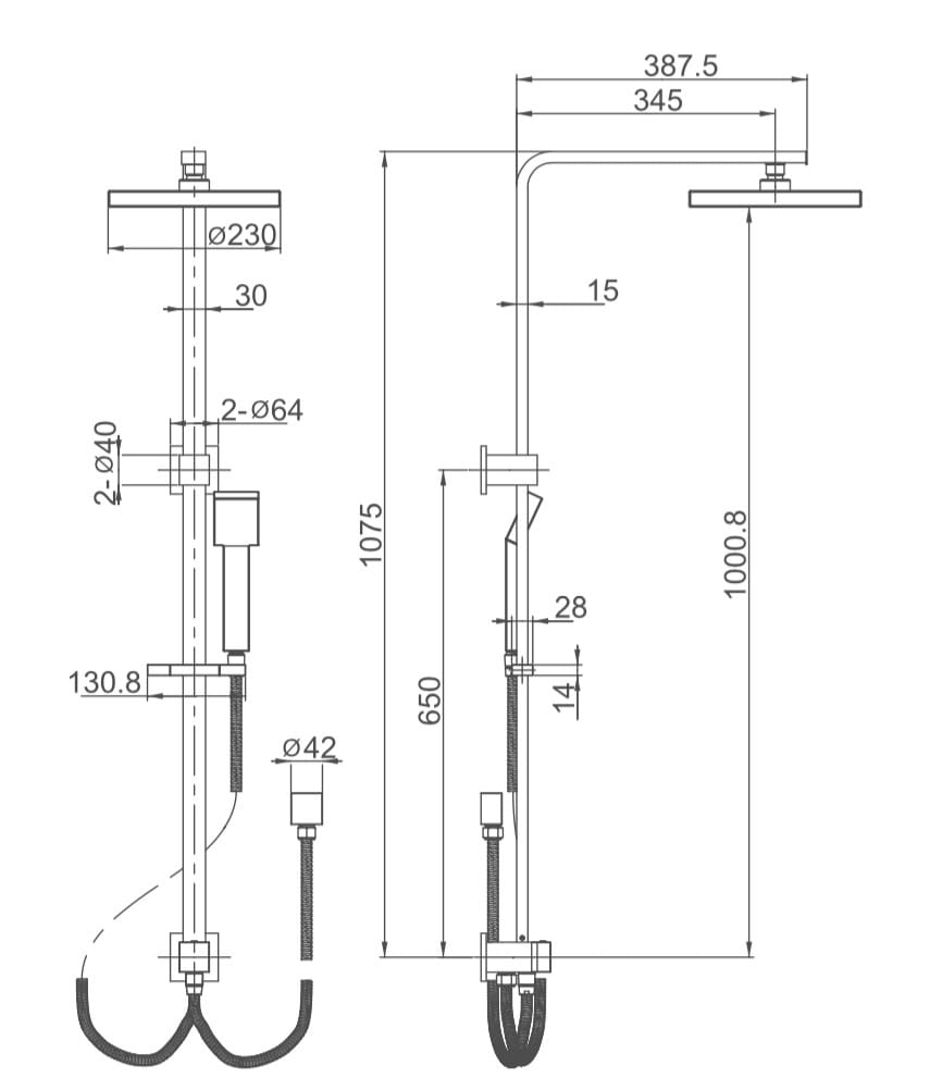 TP 1500 CUBE Multifunction Brass Head On Rail With Hand Spray, Square Elbow Included Dual Hose