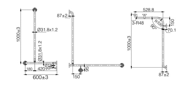 ZENMO Bathroom Accessories TP G22L MOBI CARE L Shape with Extension Shower Grab Rail - LH