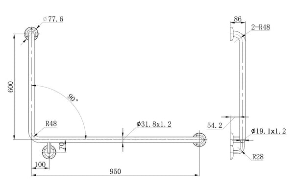 ZENMO Bathroom Accessories TP GRAB956L MK MOBI CARE 950 x 600 LH Grab Rail in Matte Black