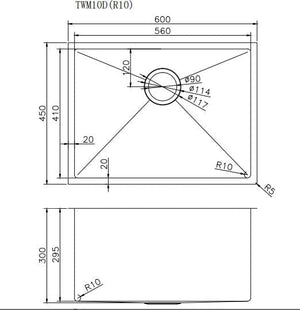 TSI Sinks TWM10D 600X450X300MM 1.2MM HANDMADE TOP/UNDERMOUNT SINGLE BOWL