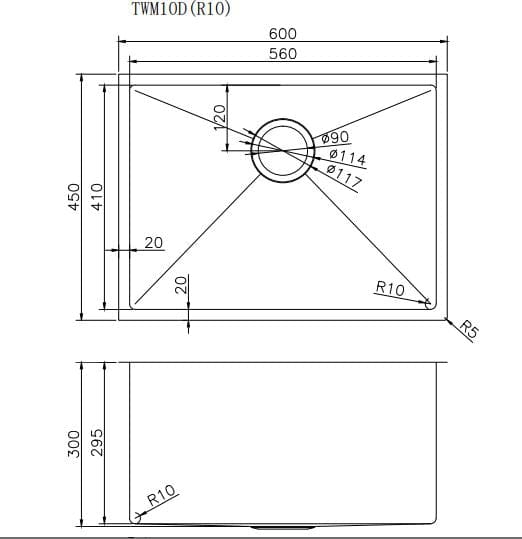 TSI Sinks TWM10D 600X450X300MM 1.2MM HANDMADE TOP/UNDERMOUNT SINGLE BOWL