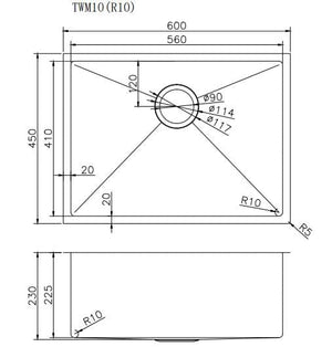 TSI Sinks TWM10 600X450X230MM 1.2MM HANDMADE TOP/UNDERMOUNT SINGLE BOWL KITCHEN SINK