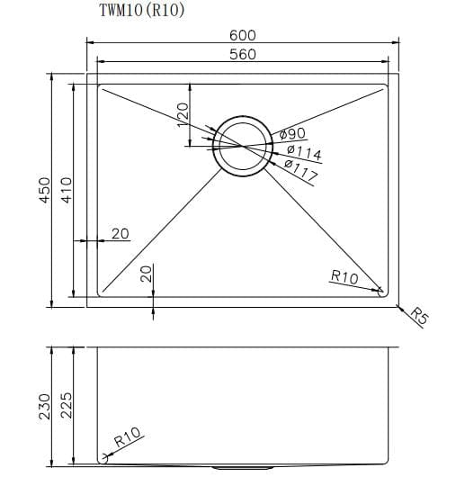 TSI Sinks TWM10 600X450X230MM 1.2MM HANDMADE TOP/UNDERMOUNT SINGLE BOWL KITCHEN SINK