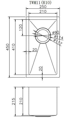 TSI Sinks TWM11 250X450X215MM 1.2MM HANDMADE TOP/UNDERMOUNT SINGLE BOWL KITCHEN SINK