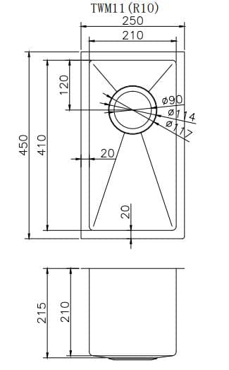 TSI Sinks TWM11 250X450X215MM 1.2MM HANDMADE TOP/UNDERMOUNT SINGLE BOWL KITCHEN SINK