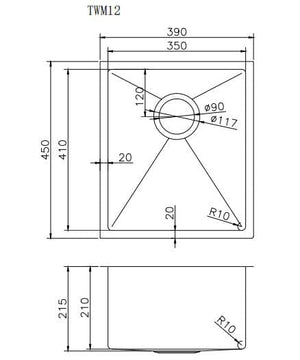 TSI Sinks TWM12B 390X450X215MM 1.2MM HANDMADE TOP/UNDERMOUNT SINGLE BOWL KITCHEN SINK