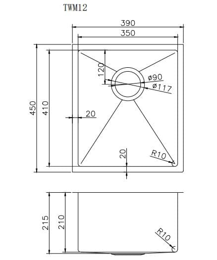 TSI Sinks TWM12B 390X450X215MM 1.2MM HANDMADE TOP/UNDERMOUNT SINGLE BOWL KITCHEN SINK