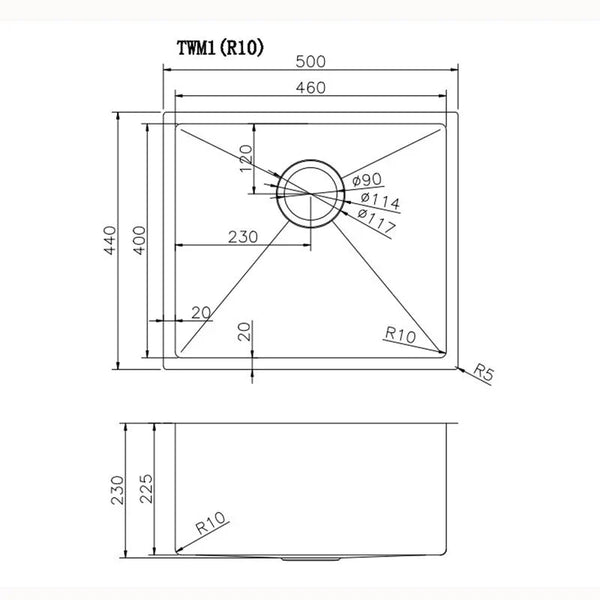TWM1B 500*440*230MM GUN METAL GREY HAND-MADE SINGLE BOWL KITCHEN SINK(ROUND EDGES)