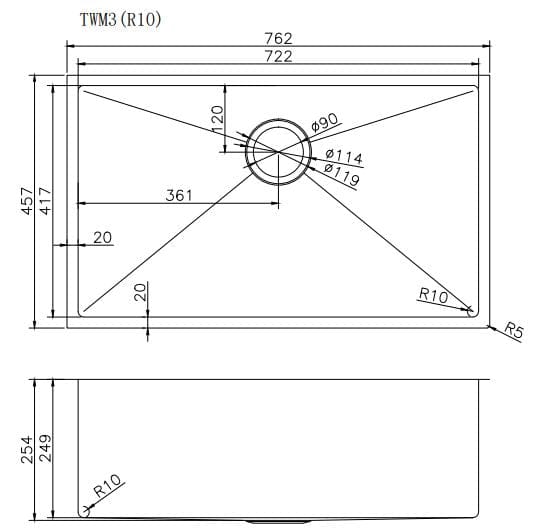 TSI Sinks TWM3 762*457*254MM HAND-MADE SINGLE BOWL KITCHEN SINK(ROUND EDGES)