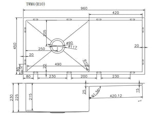 TSI Sinks TWM4RG 960*450*230MM GUN METAL GREY HAND-MADE SINGLE BOWL KITCHEN SINK(ROUND EDGES)