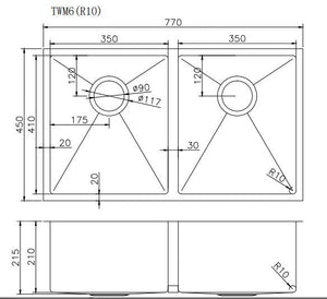 TSI Sinks TWM6 770*450*215MM HAND-MADE DOUBLE BOWL KITCHEN SINK