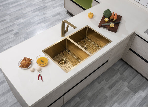 TSI Sinks TWM7G 820X457X230MM BRUSHED YELLOW GOLD 1.2MM HANDMADE TOP/UNDERMOUNT DOUBLE BOWLS KITCHEN SINK