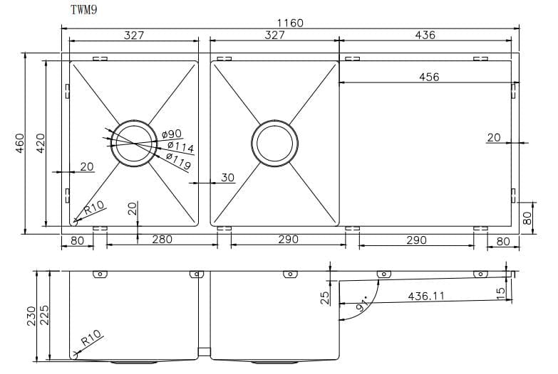TWM9 1160X460X230MM 1.2MM HANDMADE TOP/UNDERMOUNT DOUBLE BOWLS KITCHEN SINK