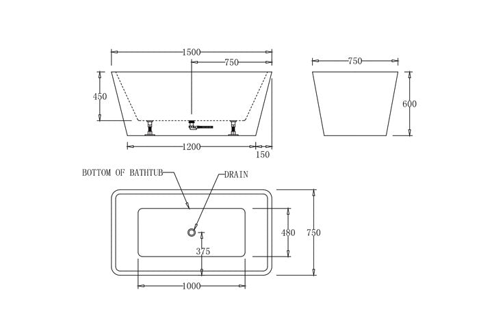 BTT1500 Turin FREESTANDING BATHTUB 1500x750x600MM