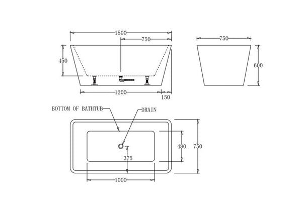 BTT1500 Turin FREESTANDING BATHTUB 1500x750x600MM