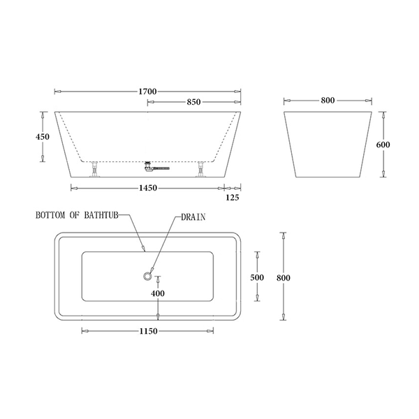 Noveen Bathtubs BTT1700 Turin FREESTANDING BATHTUB 1700x800x600MM