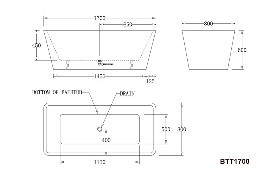 BTT1700 Turin FREESTANDING BATHTUB 1700x800x600MM