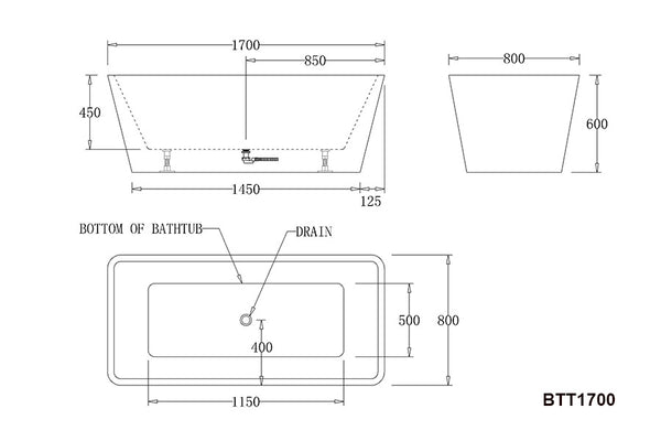 BTT1700 Turin FREESTANDING BATHTUB 1700x800x600MM