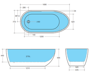 Veda VBT1690 Free Standing Bathtub Non Overflow 1690*775*595mm