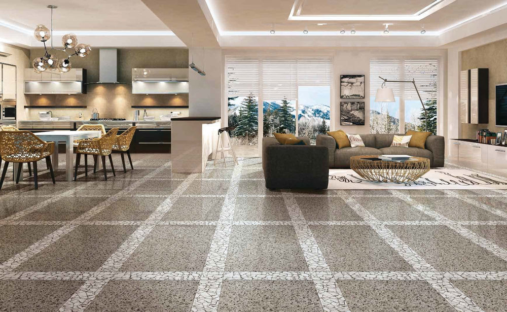 Venezia Grigio Glazed Polished Terrazzo Look Tile 600x600mm Made In Italy