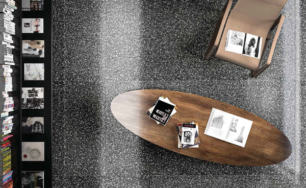 EV Tile Venezia Nero Glazed Matt Terrazzo Tile 600x600mm Made In Italy