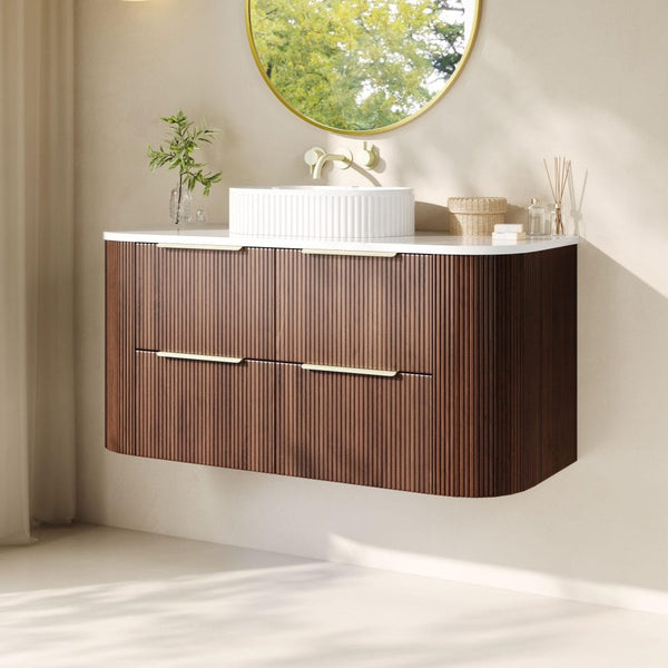 KDK Vanity Arden-D Walnut Fluted Curved Wall Hung Vanity Cabinet 1200mm - Single Bowl Layout