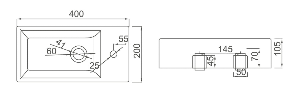WB4020W/R MINI Wall Hung Basin with Brackets - RH Tap Hole 400x200x105MM