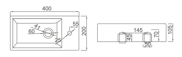 WB4020W/R MINI Wall Hung Basin with Brackets - RH Tap Hole 400x200x105MM