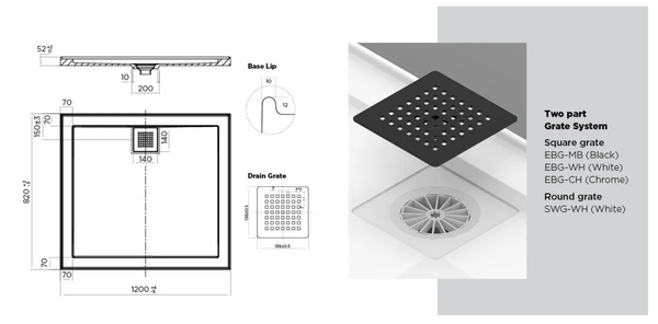 Oceano Showers Stonelite™ ECO EC1282R 1200x820MM Rear Outlet