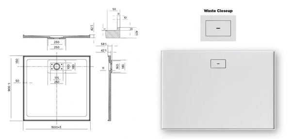 Oceano Showers Stonelite™ Metro MT1500R 1500x900MM Rear Outlet