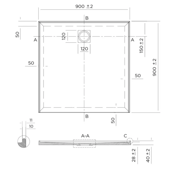 Oceano Showers Stonelite™ Profile PD900R 900X900MM Rear Outlet, 3 Tile Flange