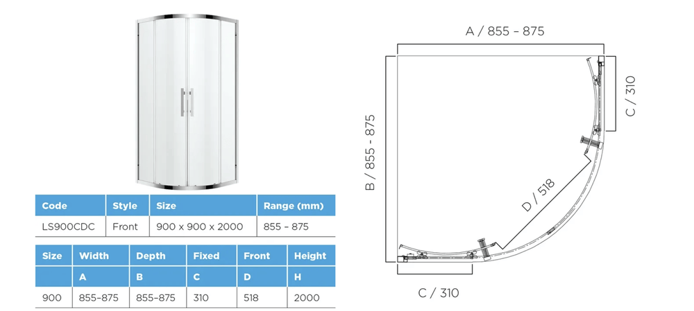 Louve Curved Slider Shower Screen 900mm