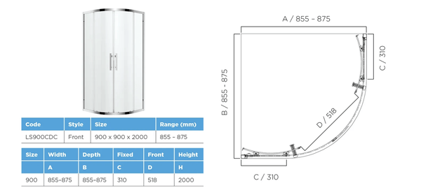 Oceano Showers Louve Curved Slider Shower Screen 900mm
