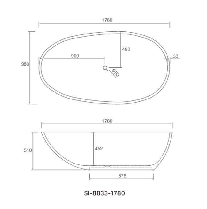 SI-8833-1780 Delight Collection Solid Surface Freestanding Bathtub 1780mm x 980mm x 510mm (Height) - Matt