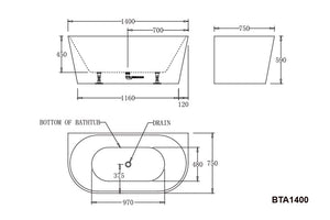 Best Bm Bathtubs BTA1400 Atlanta BACK TO WALL BATHTUB 1400x750x590MM