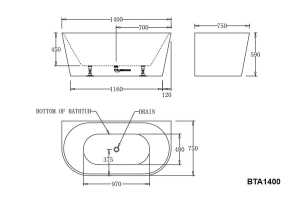 Best Bm Bathtubs BTA1400 Atlanta BACK TO WALL BATHTUB 1400x750x590MM