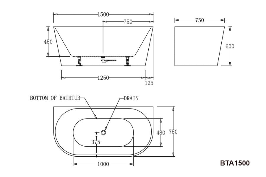 BTA1500 Atlanta BACK TO WALL BATHTUB 1500x750x600MM