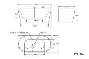Best Bm Bathtubs BTA1500 Atlanta BACK TO WALL BATHTUB 1500x750x600MM