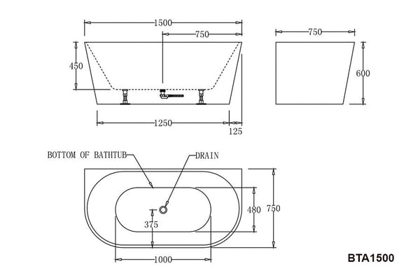 Best Bm Bathtubs BTA1500 Atlanta BACK TO WALL BATHTUB 1500x750x600MM