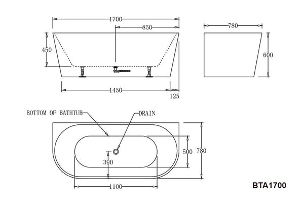 Best Bm Bathtubs BTA1700 Atlanta BACK TO WALL BATHTUB 1700x780x600MM