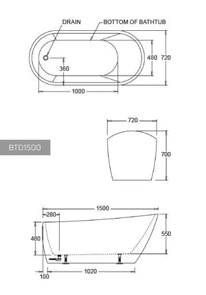 Best Bm Bathtubs BTD1500 Dublin FREESTANDING BATHTUB 1500x720x700MM
