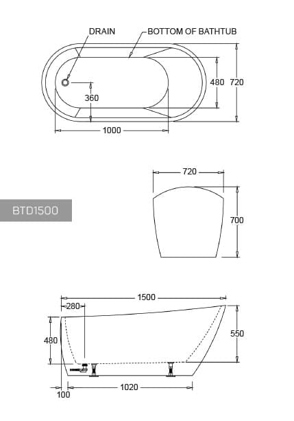 Best Bm Bathtubs BTD1500 Dublin FREESTANDING BATHTUB 1500x720x700MM
