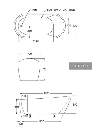 Best Bm Bathtubs BTD1700 Dublin FREESTANDING BATHTUB 1700x720x720MM
