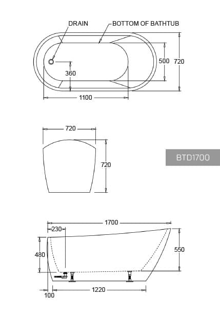 Best Bm Bathtubs BTD1700 Dublin FREESTANDING BATHTUB 1700x720x720MM