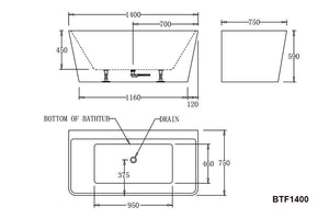 Best Bm Bathtubs BTF1400 Florence BACK TO WALL BATHTUB 1400x750x590MM