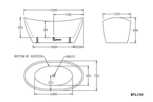 Best Bm Bathtubs BTL1500 LYON Freestanding Bathtub 1500x750x680MM