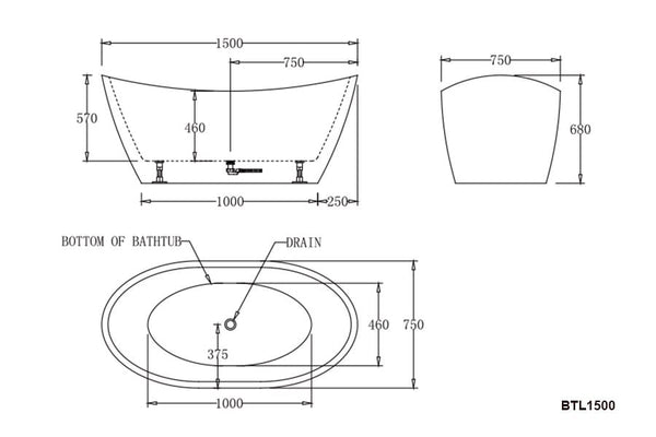Best Bm Bathtubs BTL1500 LYON Freestanding Bathtub 1500x750x680MM